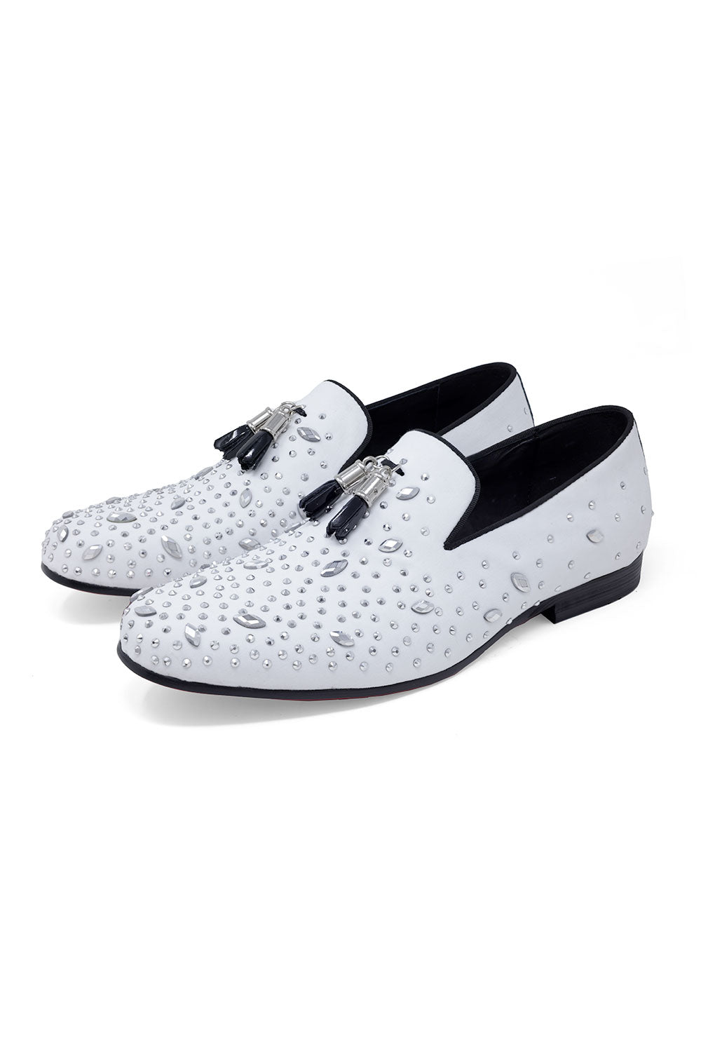 BARABAS Men's Rhinestone Dimond Tassel Loafer Dress Shoes SH3080 White Silver