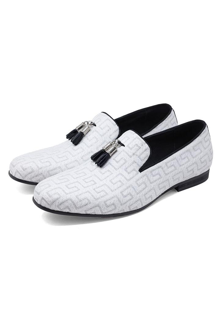 BARABAS Men's Rhinestone Greek key Pattern Tassel Loafer Shoes SH3087 White Silver