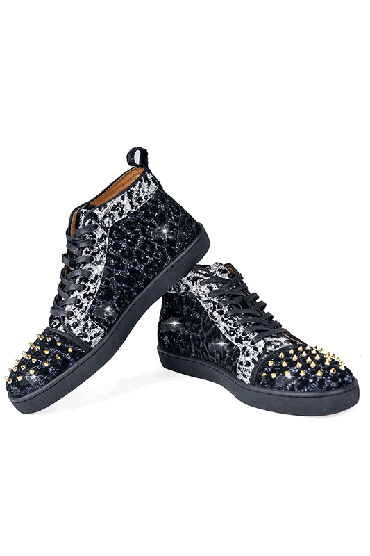 Barabas men's luxury leopard rhinestone gold spikes sneakers SH702