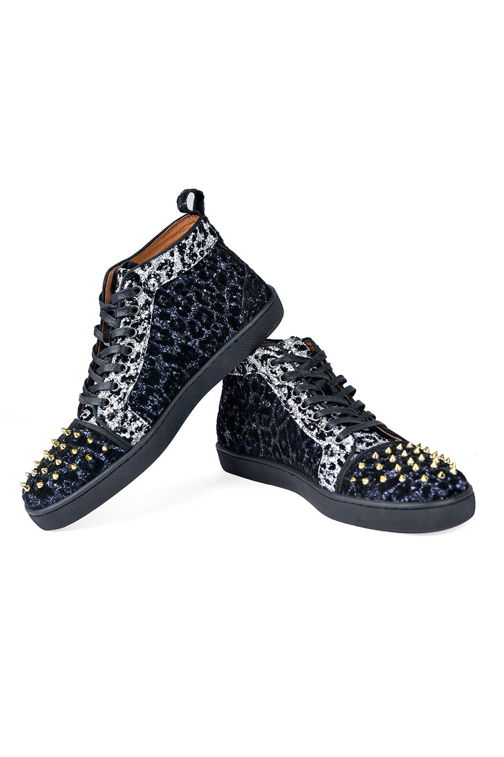 Barabas men's luxury leopard rhinestone gold spikes sneakers SH702