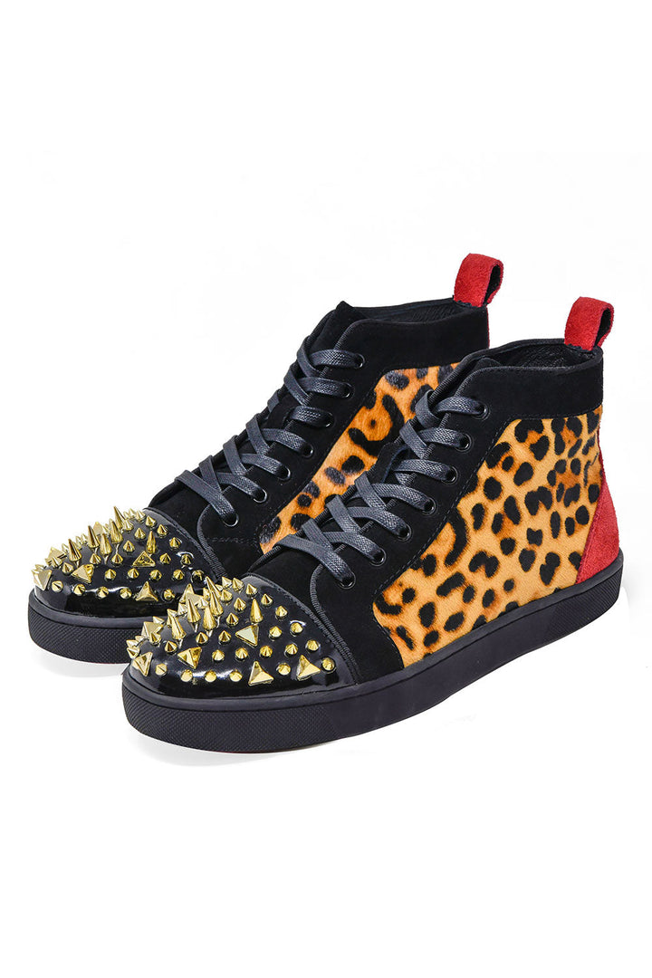 Barabas men's luxury leopard rhinestone spikes high top sneakers SH712