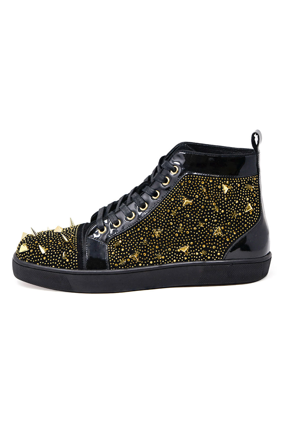 Barabas men's rhinestone spike black high-top sneakers SH715 Gold