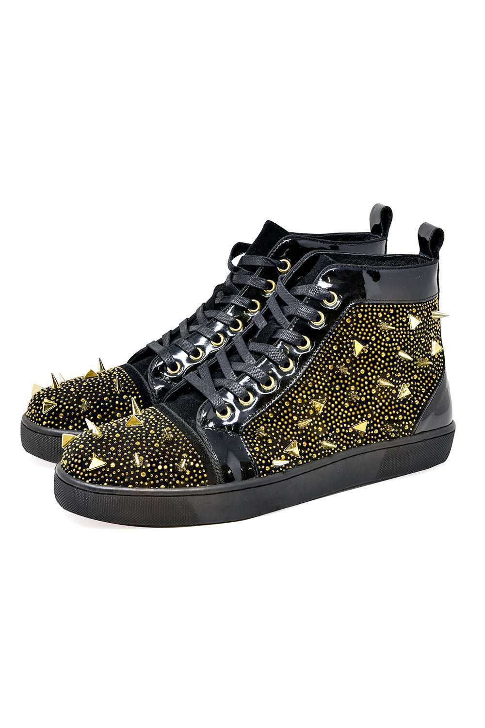 Barabas men's rhinestone spike black high-top sneakers SH715 Gold