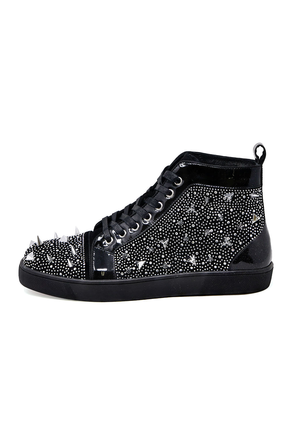 Barabas men's rhinestone spike black high-top sneakers SH715 Silver