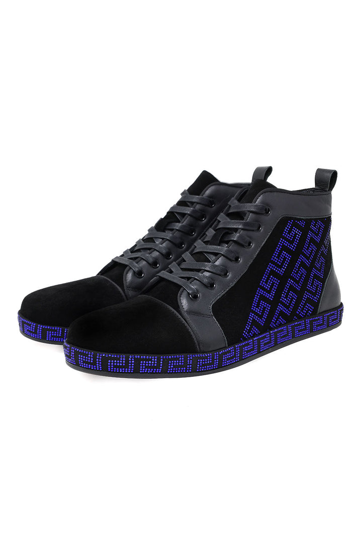 Barabas Men's Rhinestone Greek Pattern Design High Top Sneakers SH729 Royal