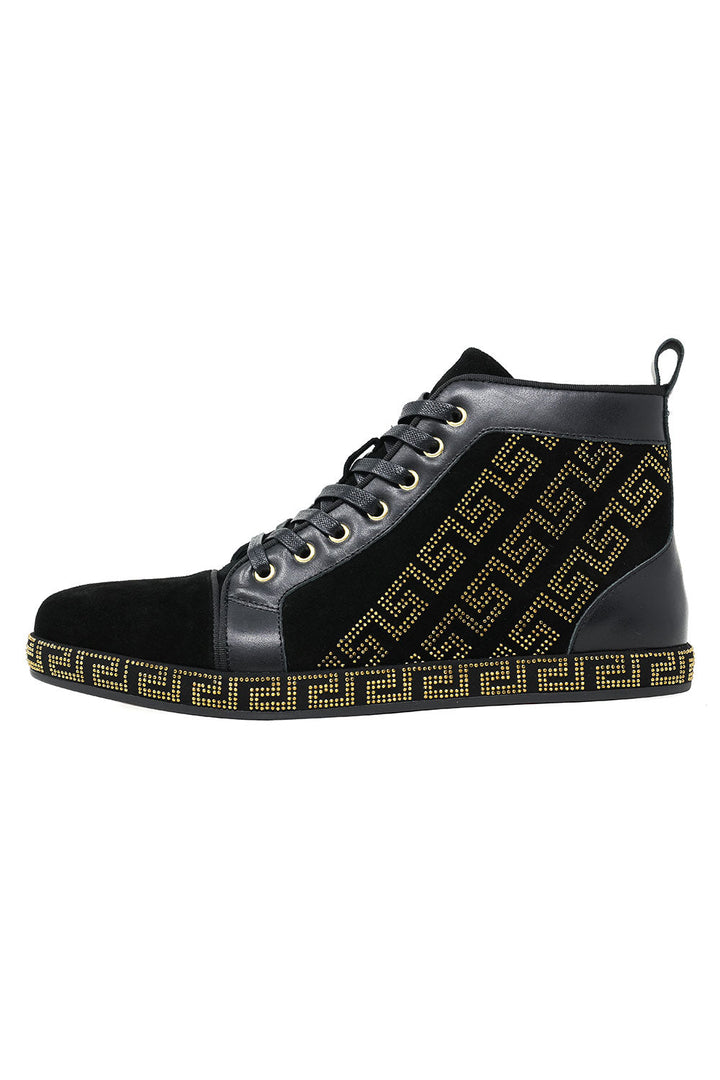 Barabas Men's Rhinestone Greek Pattern Design High Top Sneakers SH729 Black Gold