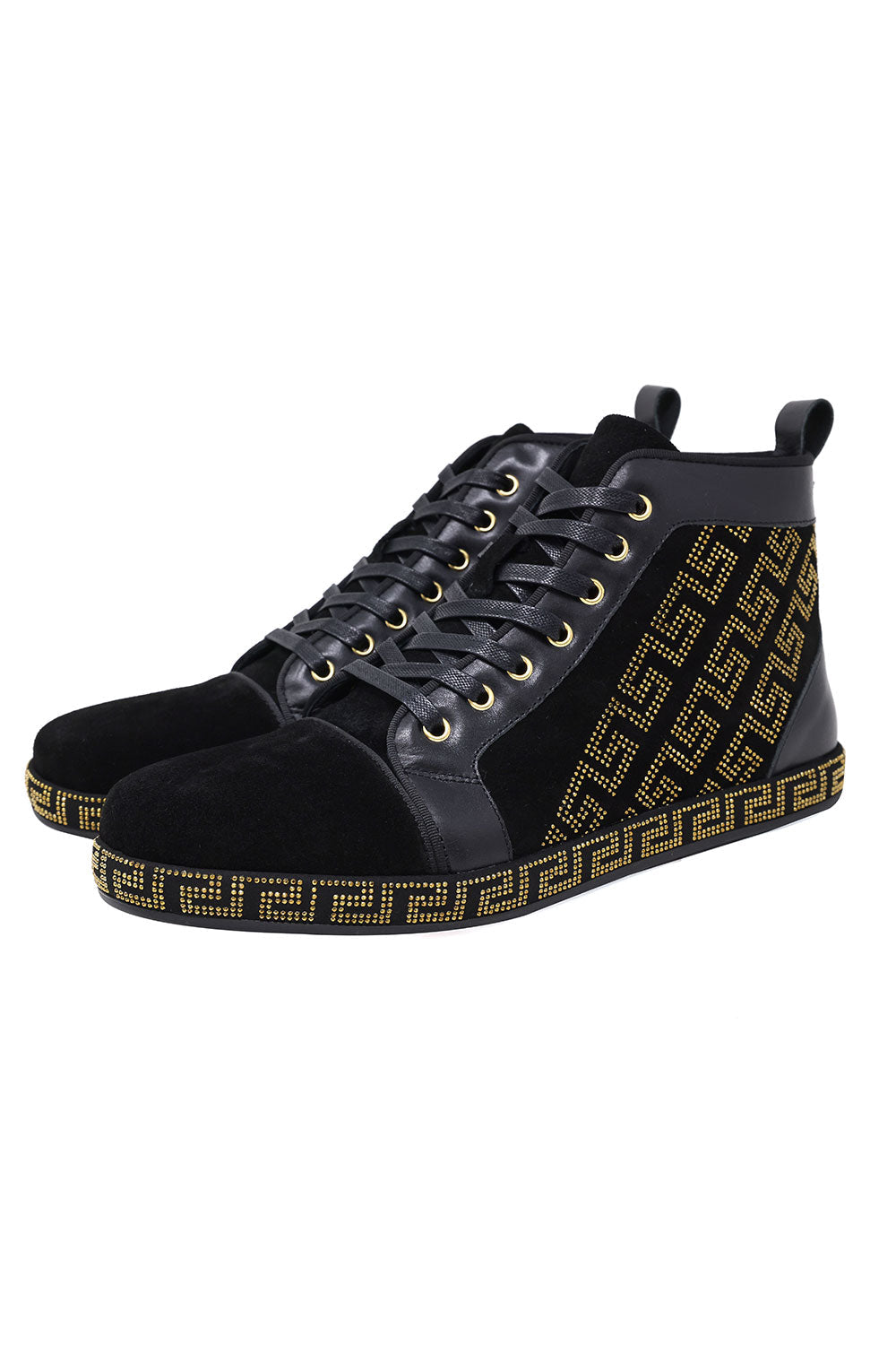 Barabas Men's Rhinestone Greek Pattern Design High Top Sneakers SH729 Black Gold