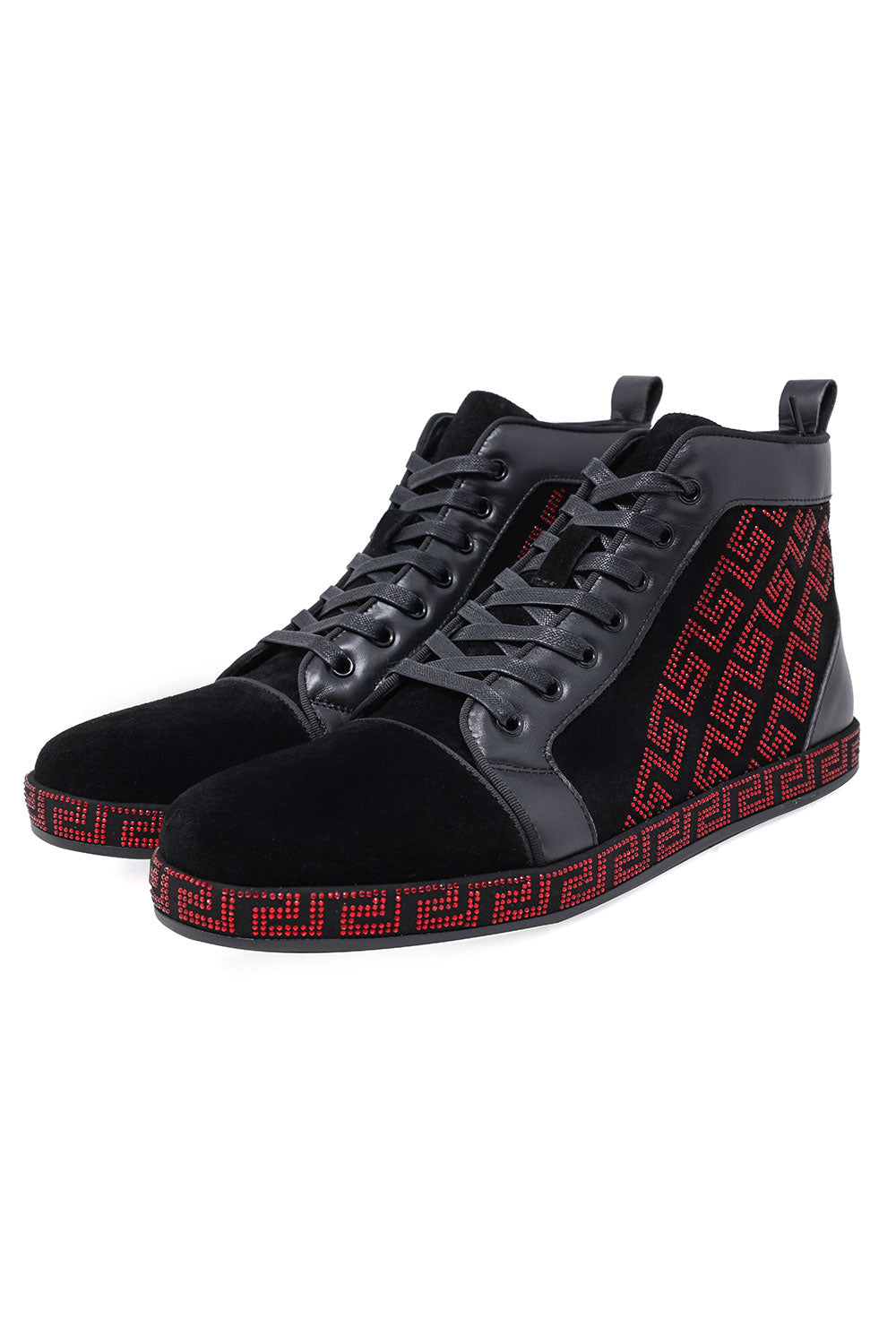 Barabas Men's Rhinestone Greek Pattern Design High Top Sneakers SH729  Black Red