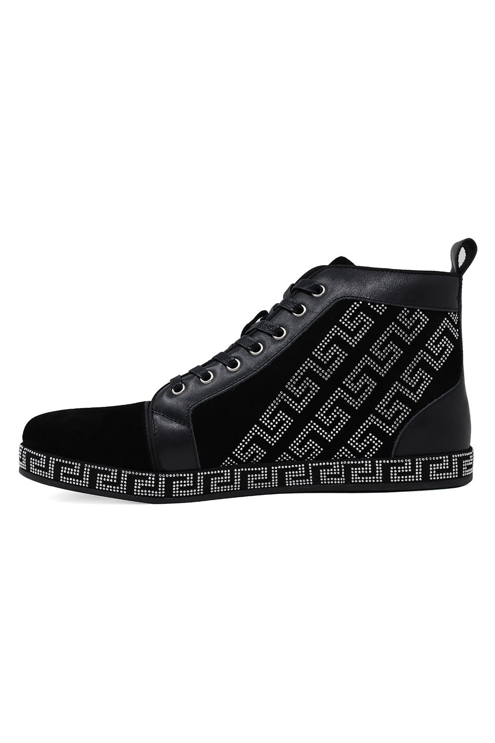 Barabas Men's Rhinestone Greek Pattern Design High Top Sneakers SH729 Black Silver