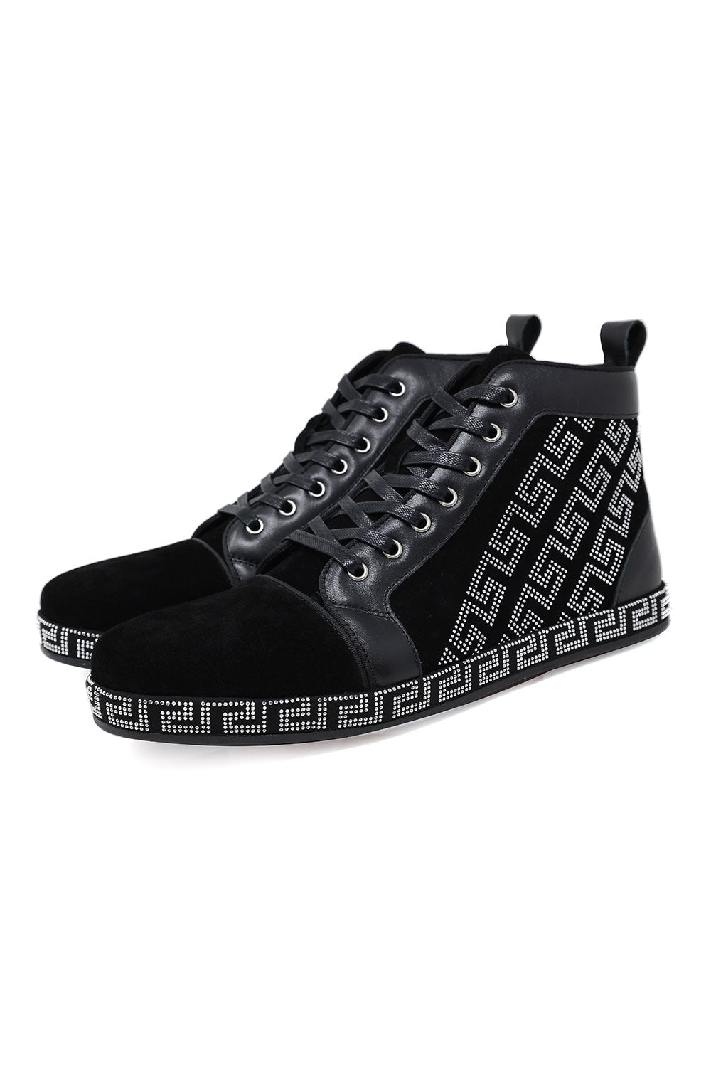 Barabas Men's Rhinestone Greek Pattern Design High Top Sneakers SH729 Black Silver