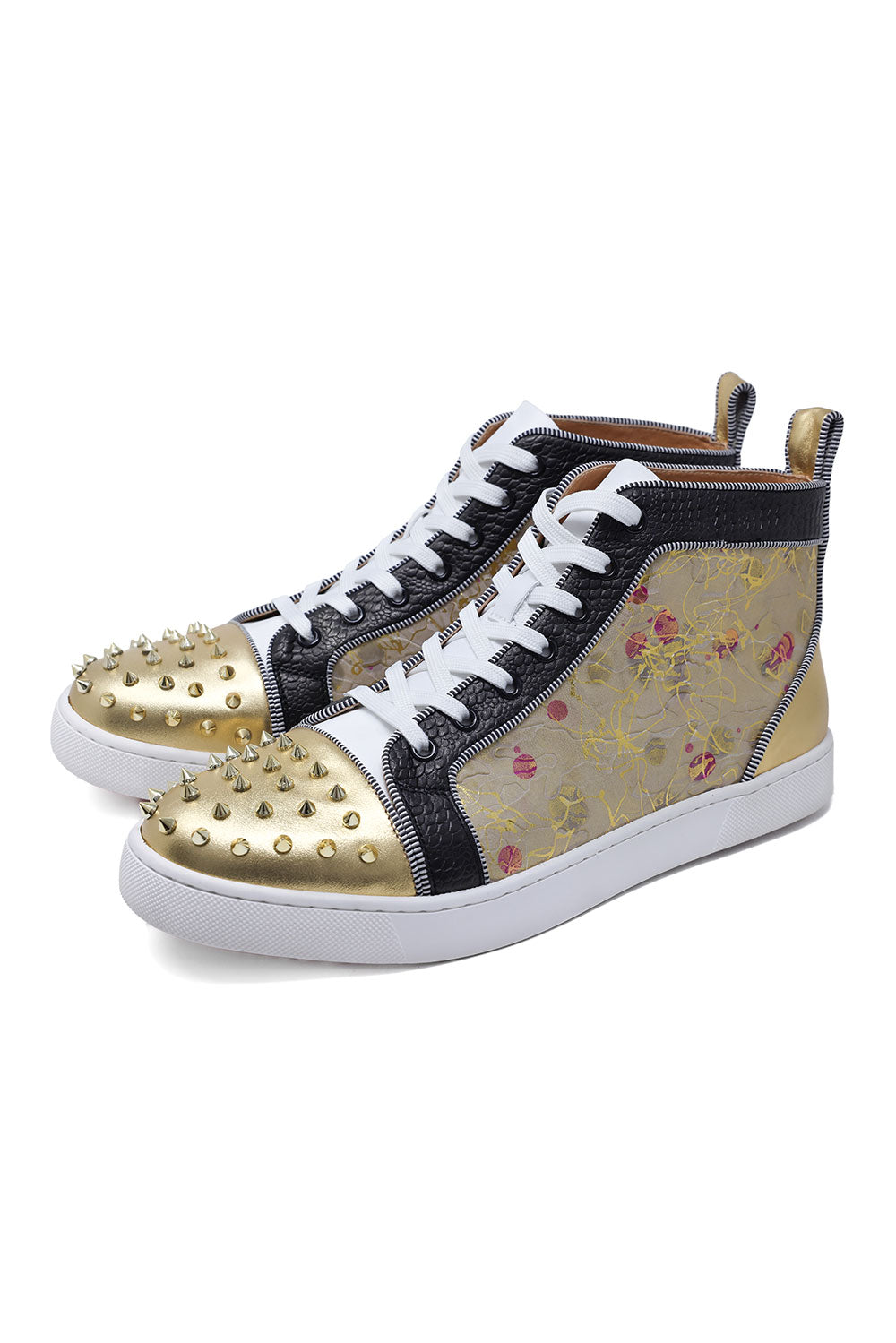 Barabas Men's Spike Floral Shiny Design High-Top Luxury Sneakers SH731 Gold