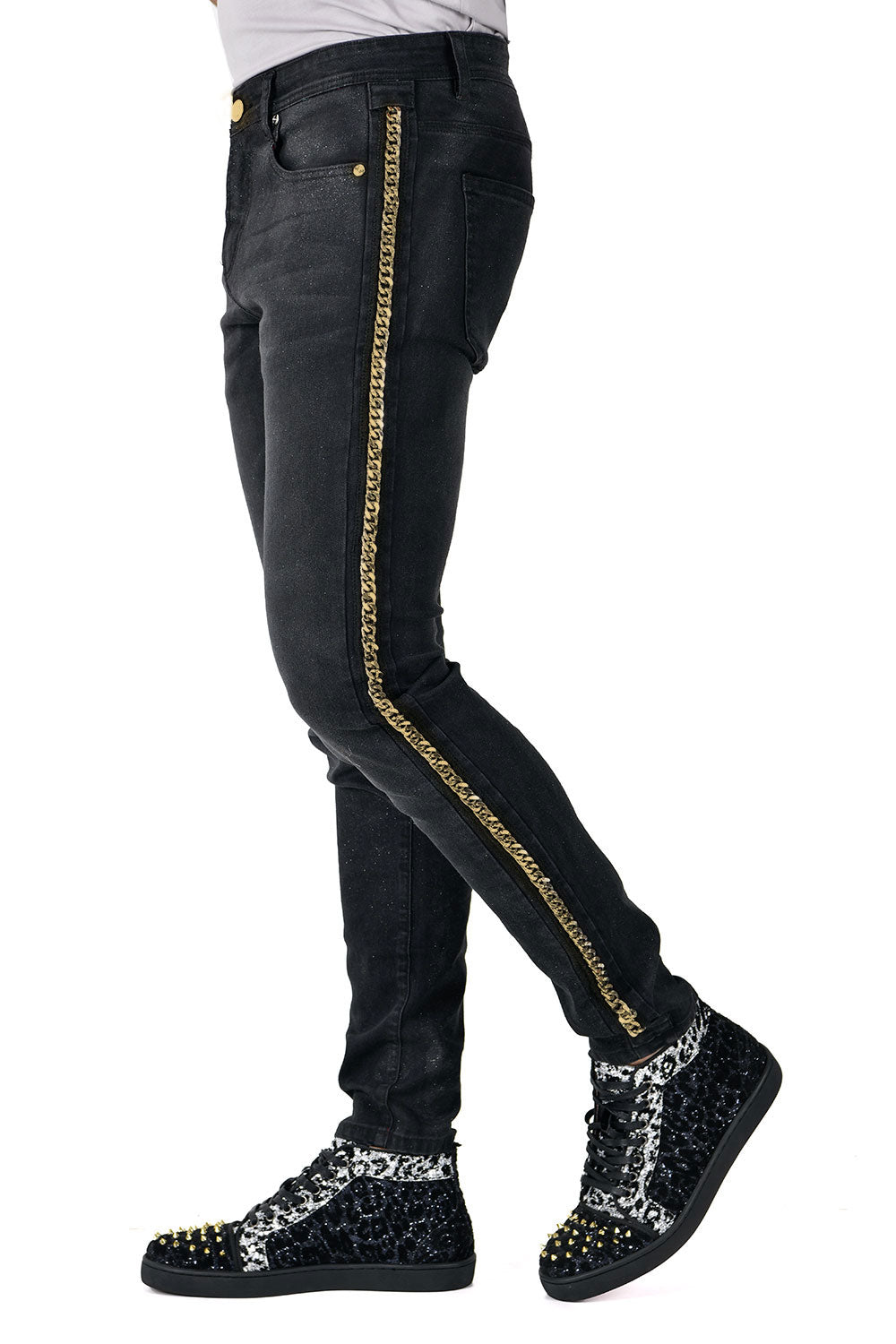 BARABAS Men's Sparkly Glittery Chain Design Denim Jeans SN8855 Black Gold