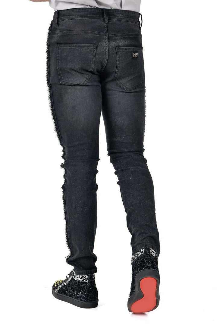 BARABAS Men's Sparkly Glittery Chain Design Denim Jeans SN8855 Black Silver