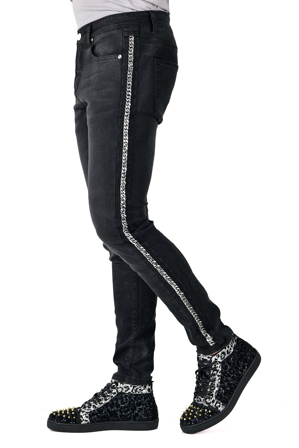 BARABAS Men's Sparkly Glittery Chain Design Denim Jeans SN8855 Black Silver