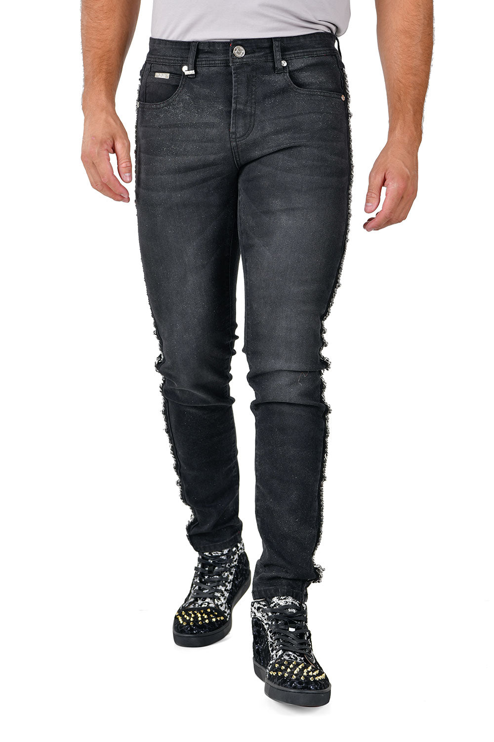 BARABAS Men's Sparkly Glittery Chain Design Denim Jeans SN8855 Black Silver