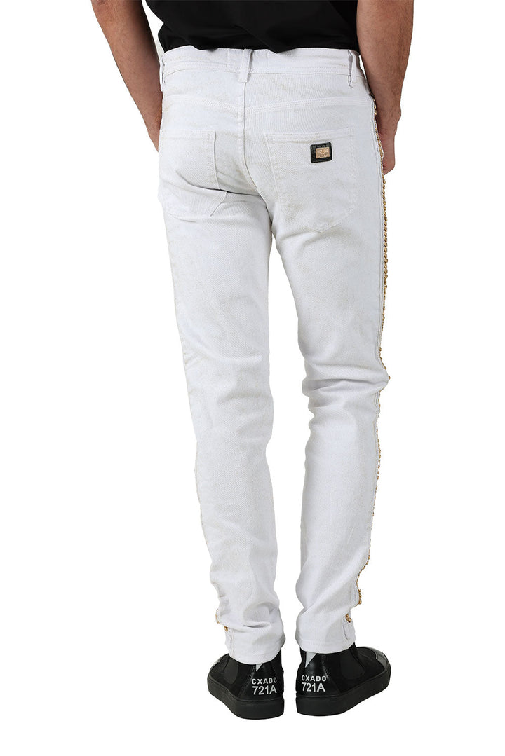 BARABAS Men's Sparkly Glittery Chain Design Denim Jeans SN8855 White Gold