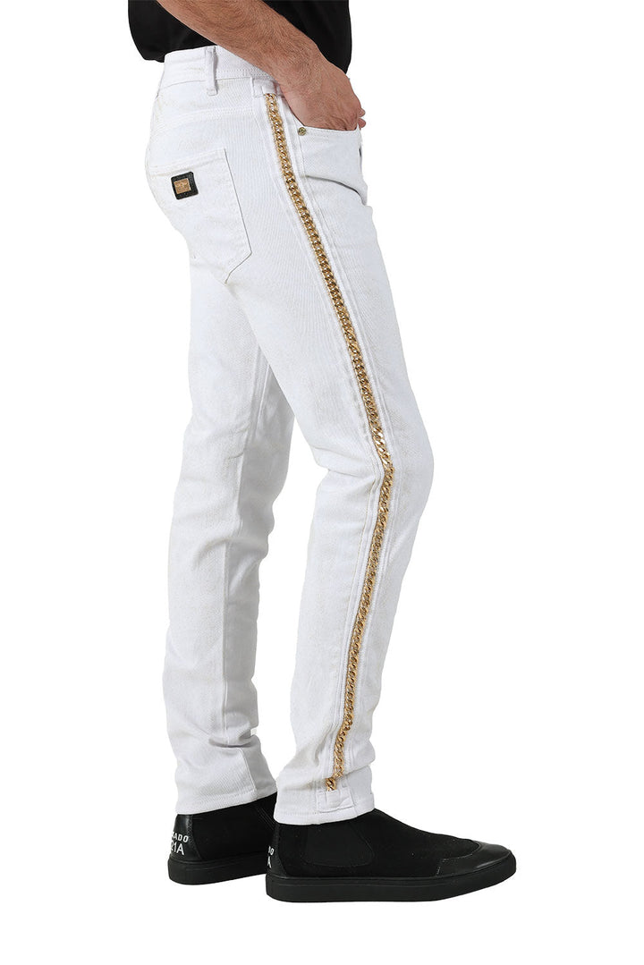 BARABAS Men's Sparkly Glittery Chain Design Denim Jeans SN8855 White Gold