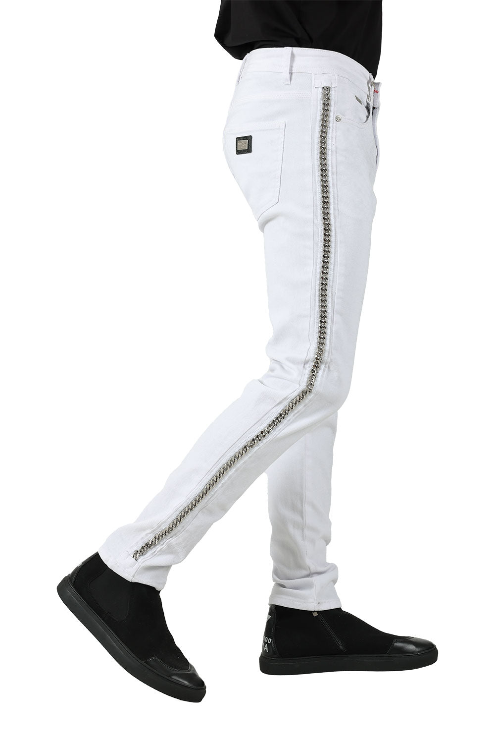 BARABAS Men's Sparkly Glittery Chain Design Denim Jeans SN8855 White Silver