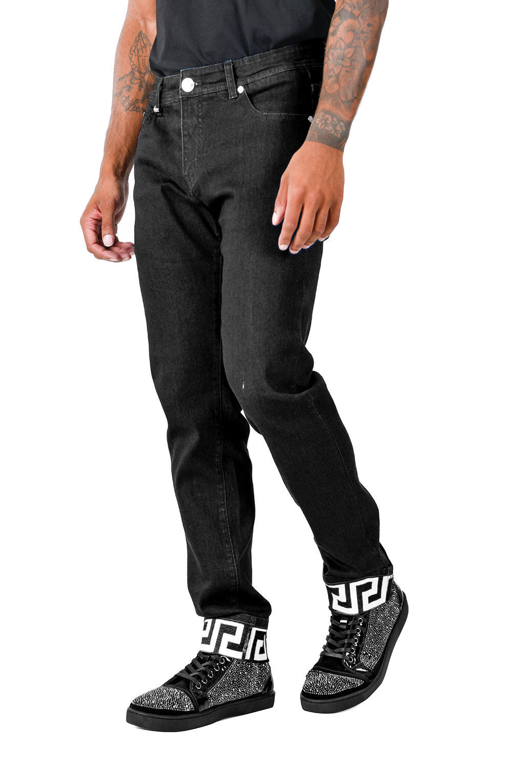 BARABAS Men's Greek Key Pattern Design Luxory Jeans SN8858 Black