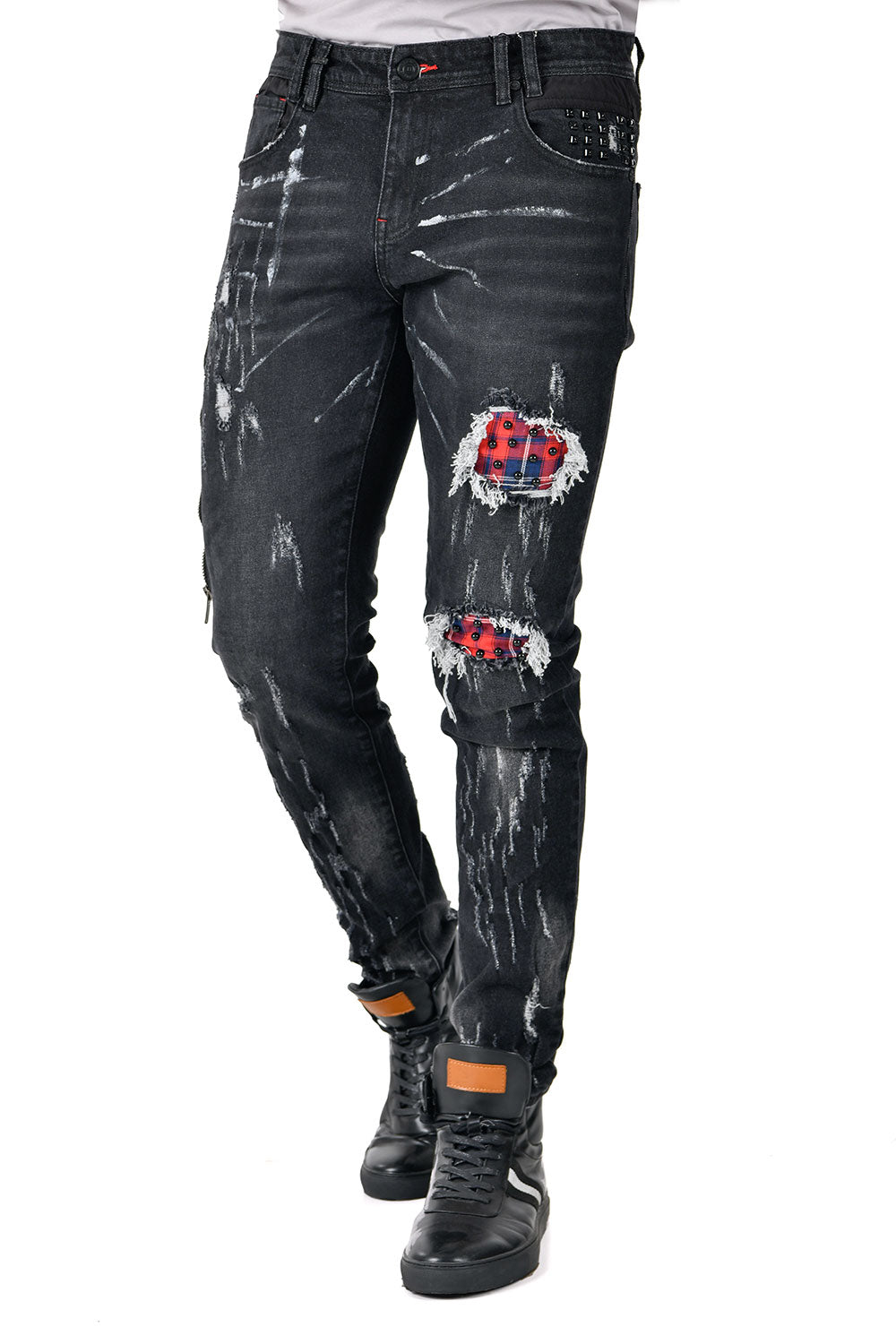 BARABAS Men's Ripped Plaid Patches Rhinestone Spike Denim Jeans SN8864 Black