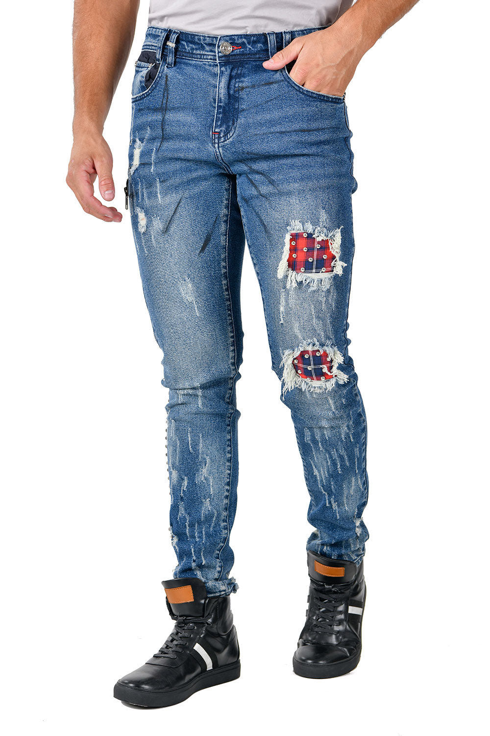 BARABAS Men's Ripped Plaid Patches Rhinestone Spike Denim Jeans SN8864 Blue