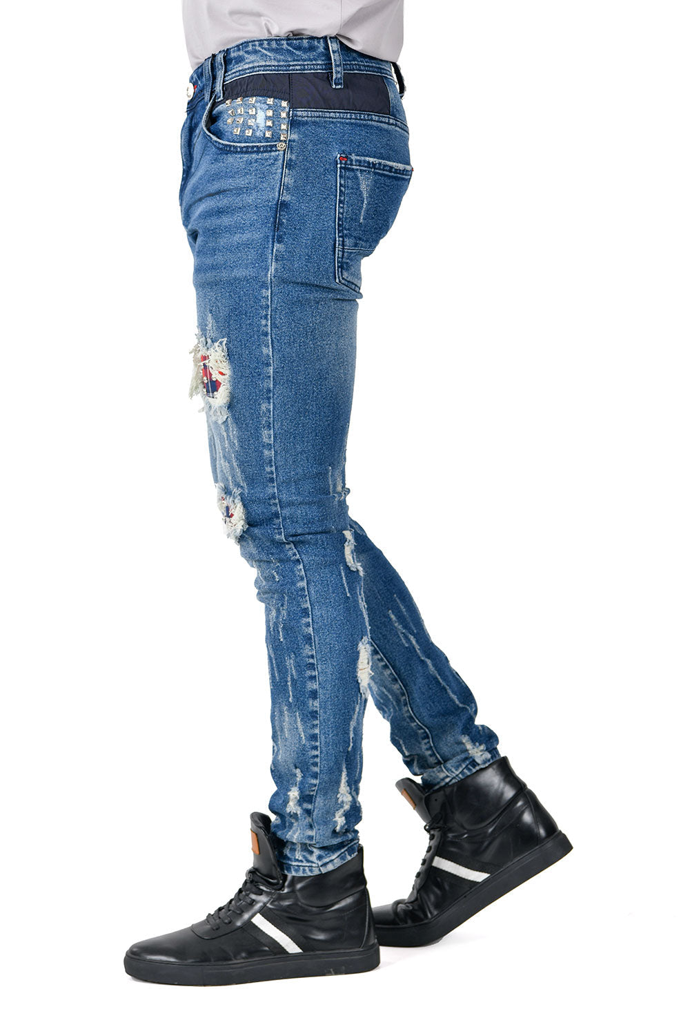 BARABAS Men's Ripped Plaid Patches Rhinestone Spike Denim Jeans SN8864 Blue