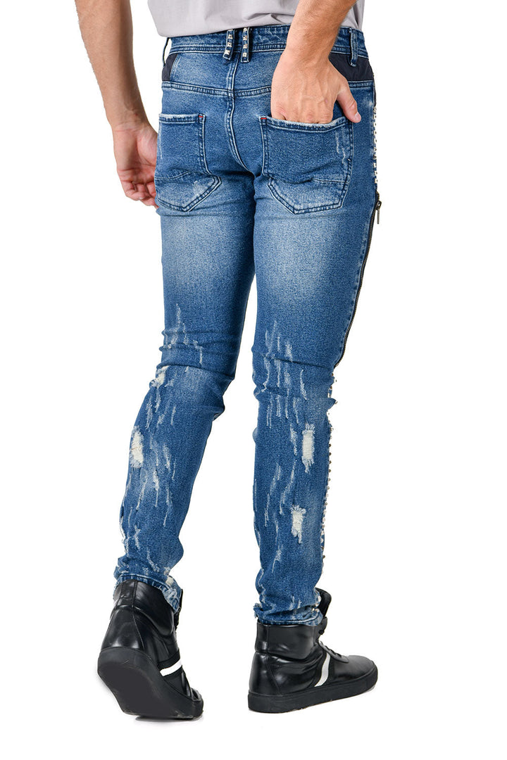 BARABAS Men's Ripped Plaid Patches Rhinestone Spike Denim Jeans SN8864 Blue