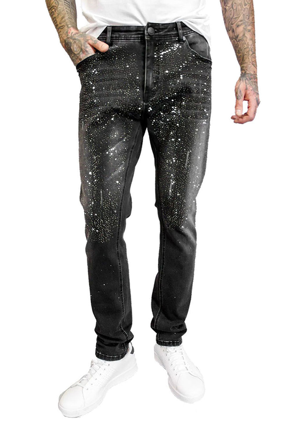 Barabas Men's Bleach Rhinestone Straight fit Denim Jeans SN8885  Black