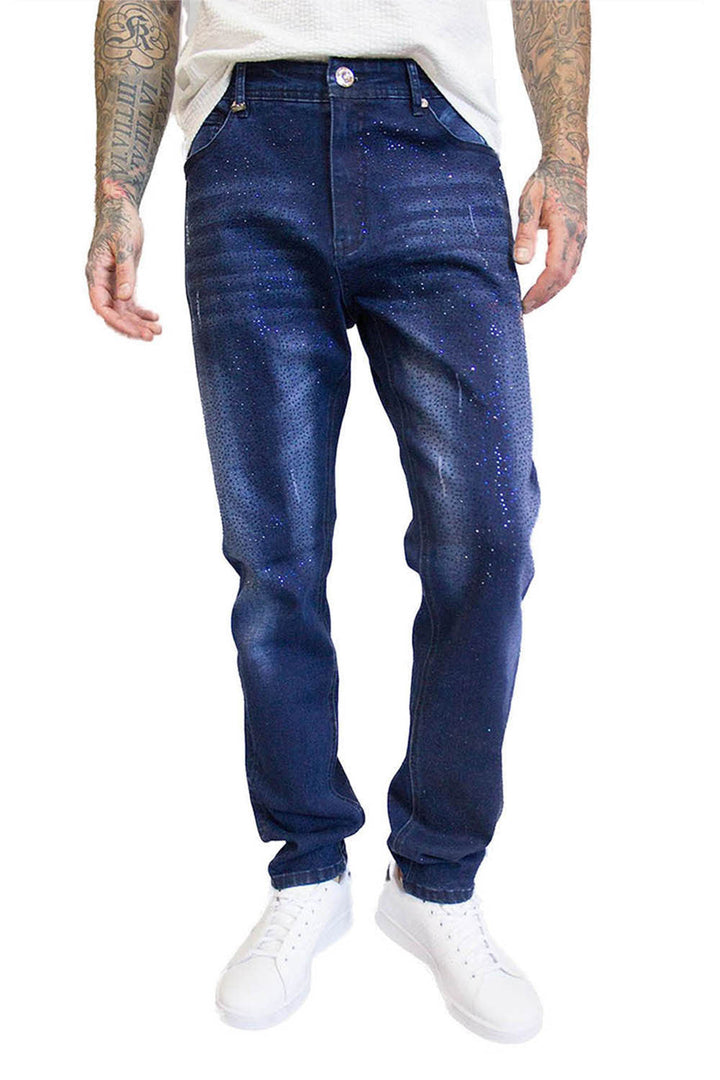 Barabas Men's Bleach Rhinestone Straight fit Denim Jeans SN8885 Blue