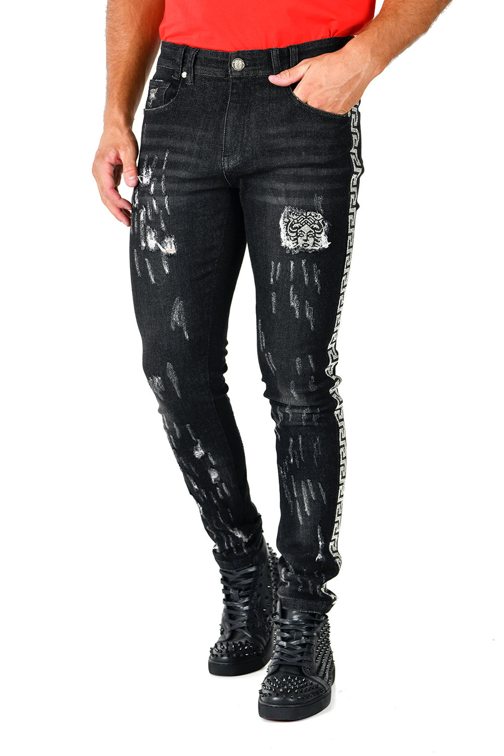 BARABAS Mens Ripped Medusa Greek Pattern Rhinestone Denim Jeans SNG003 Black Silver