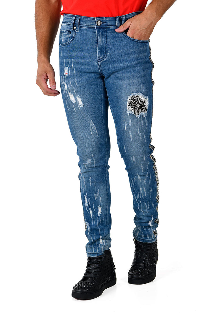 BARABAS Mens Ripped Medusa Greek Pattern Rhinestone Denim Jeans SNG003 Light Blue Silver