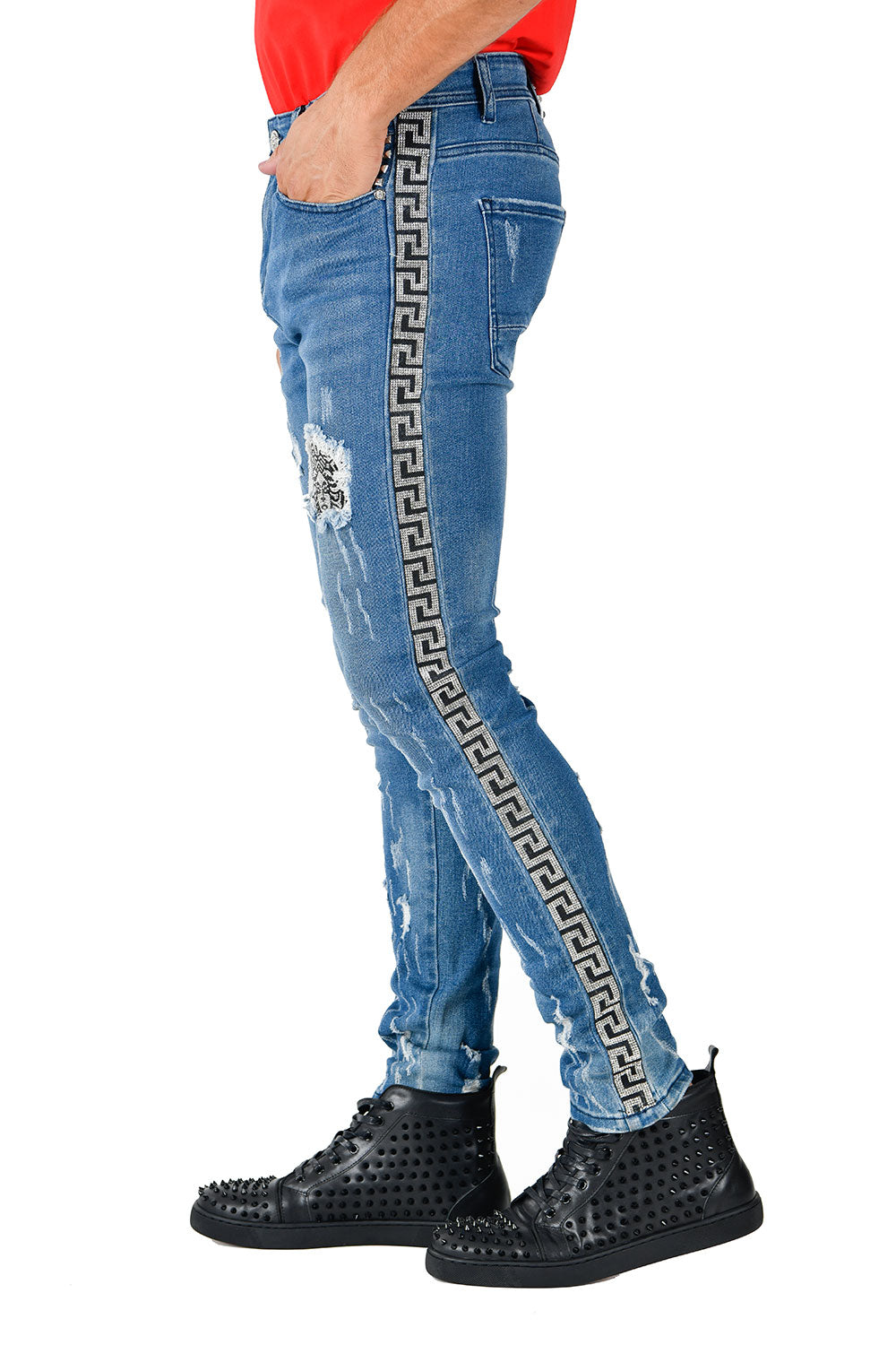 BARABAS Mens Ripped Medusa Greek Pattern Rhinestone Denim Jeans SNG003 Light Blue Silver