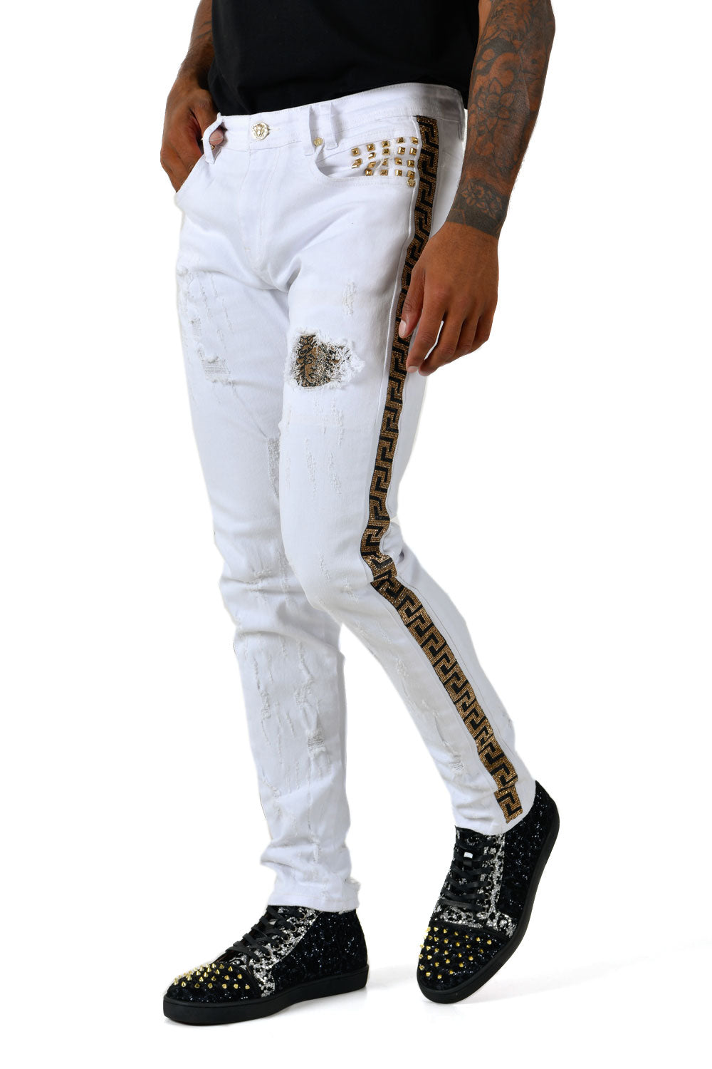 BARABAS Mens Ripped Medusa Greek Pattern Rhinestone Denim Jeans SNG003 White Gold