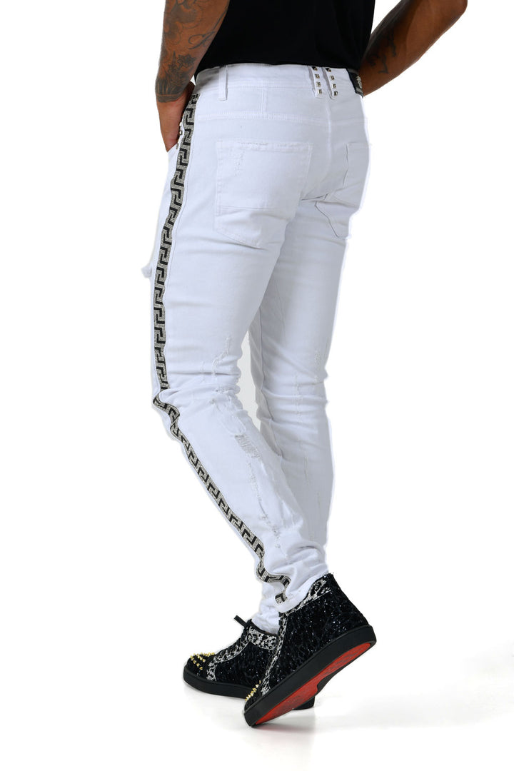 BARABAS Mens Ripped Medusa Greek Pattern Rhinestone Denim Jeans SNG003 White Silver