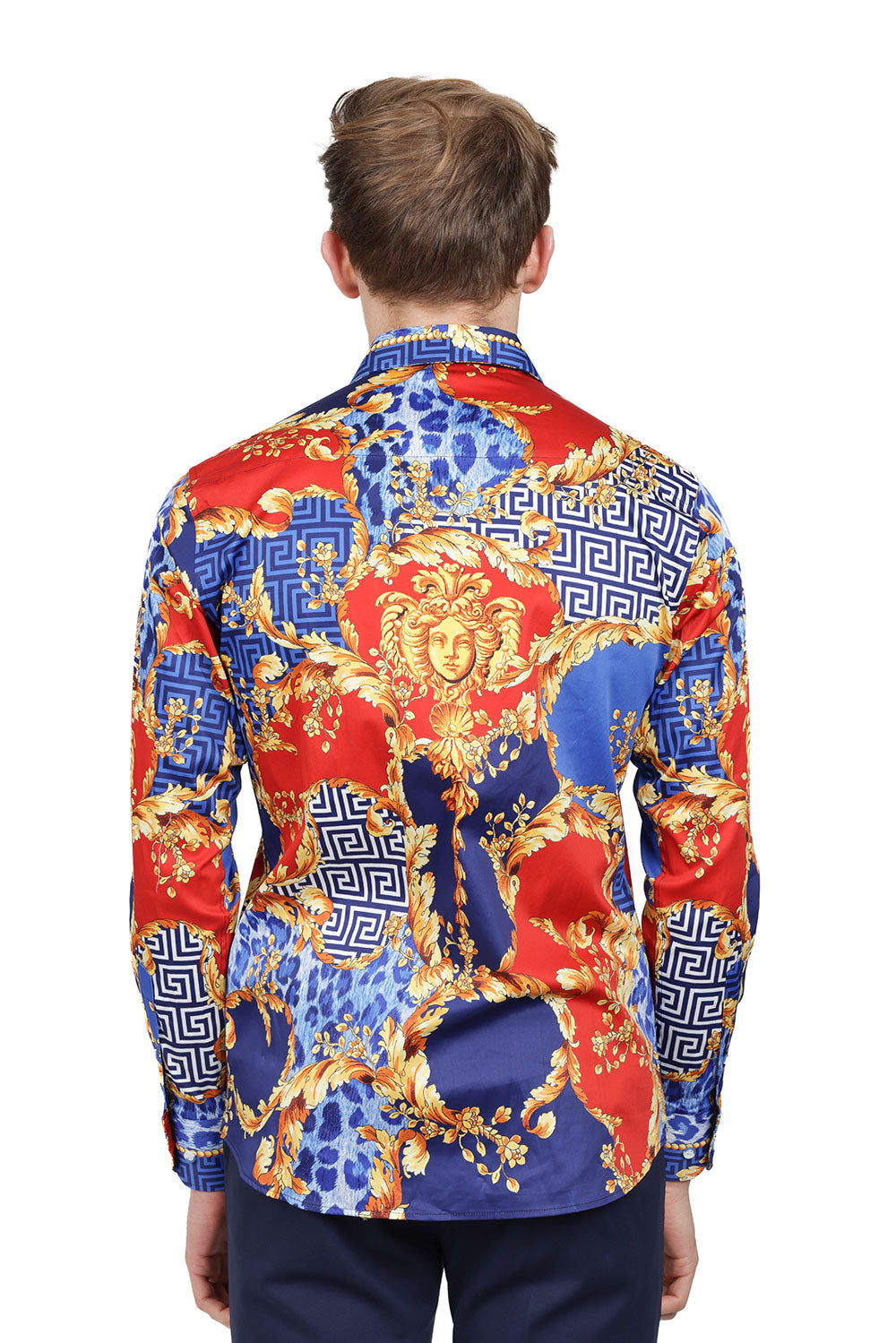 BARABAS Men's Medusa Floral Greek Key Button Down Baroque Shirt SP01 Blue