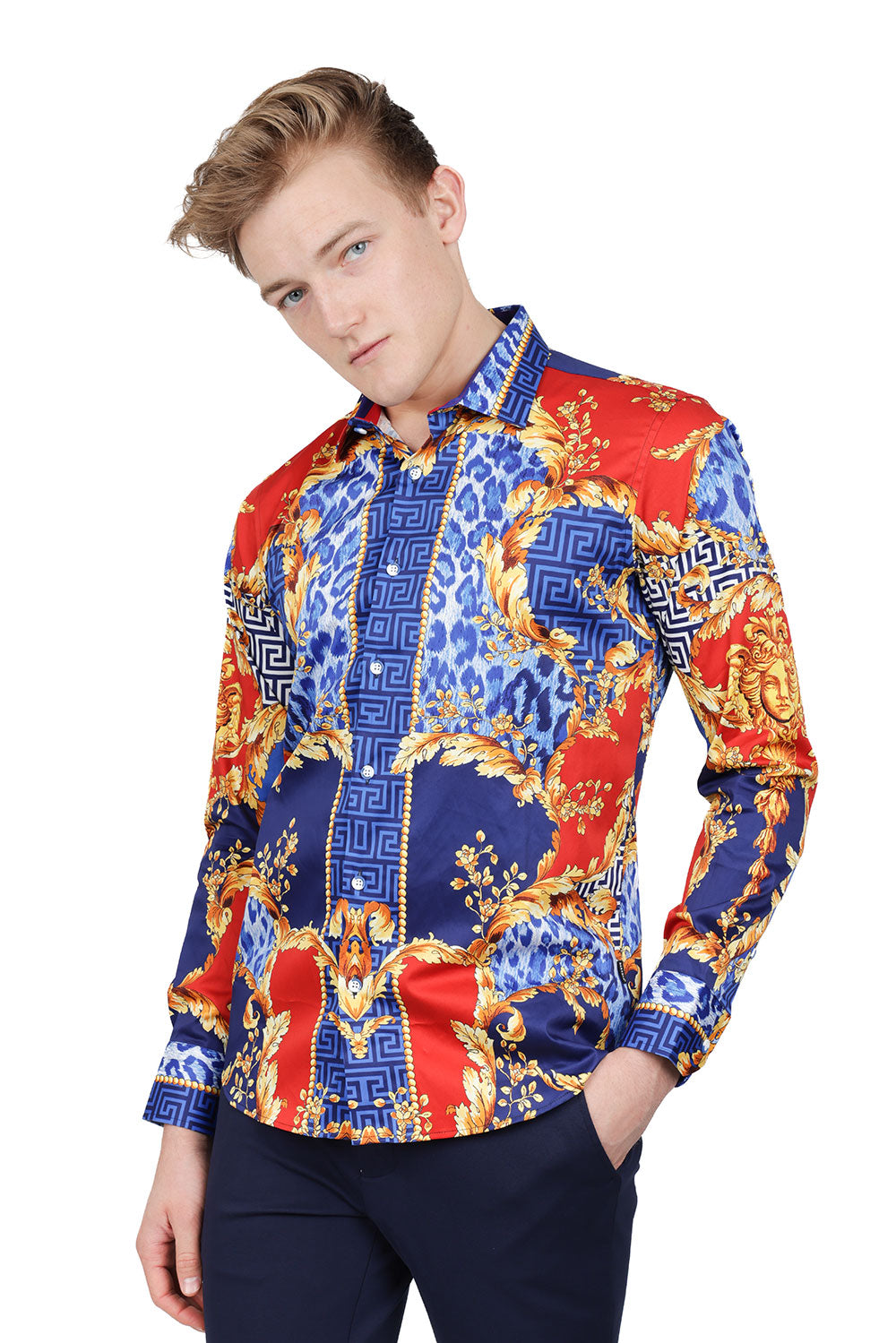 BARABAS Men's Medusa Floral Greek Key Button Down Baroque Shirt SP01 Blue