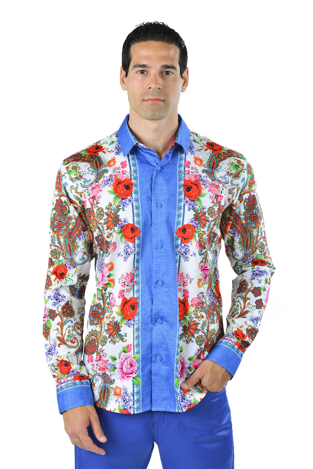 BARABAS Men's Floral Baroque Long Sleeve button down Shirt SP07 White