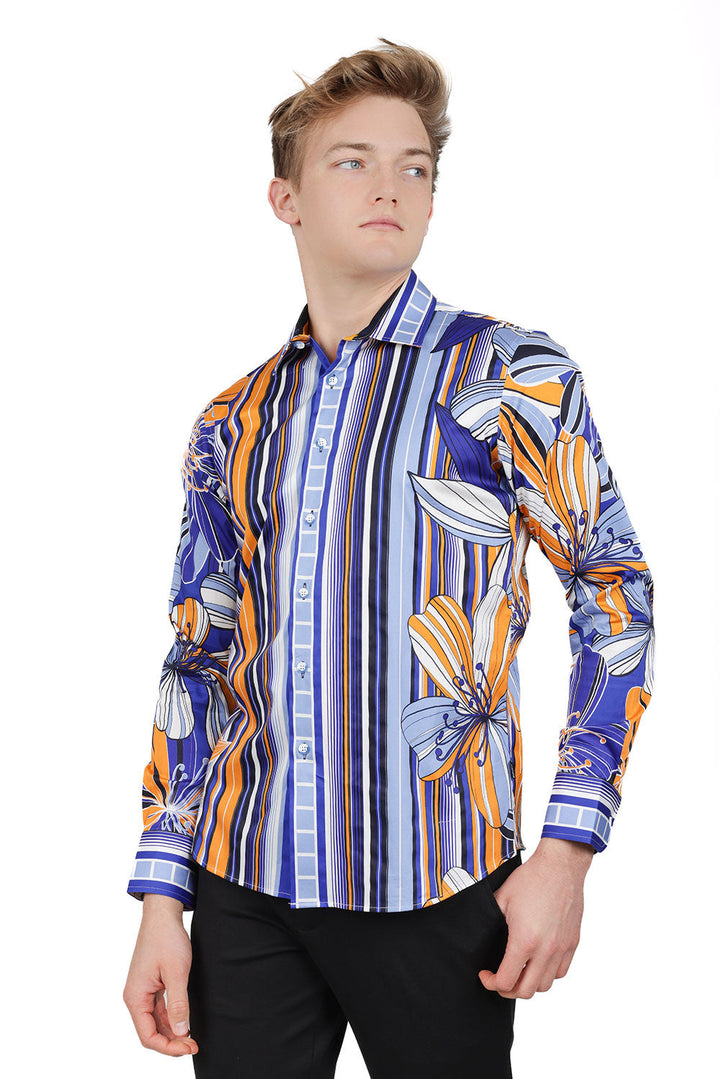 BARABAS Men's Vibrant Floral Printed Striped Long Sleeves Shirt SP08 Blue