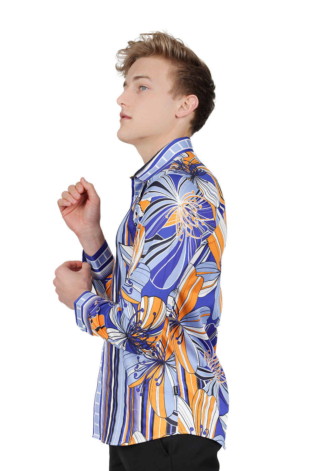 BARABAS Men's Vibrant Floral Print Button Down Long Sleeves Shirt SP08 Blue