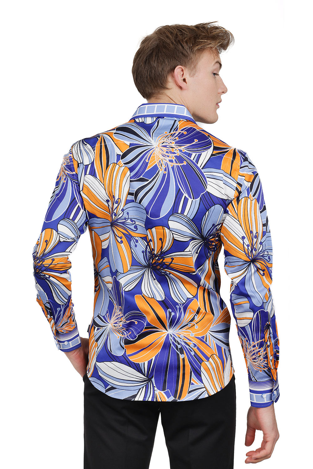 BARABAS Men's Vibrant Floral Print Button Down Long Sleeves Shirt SP08 Blue