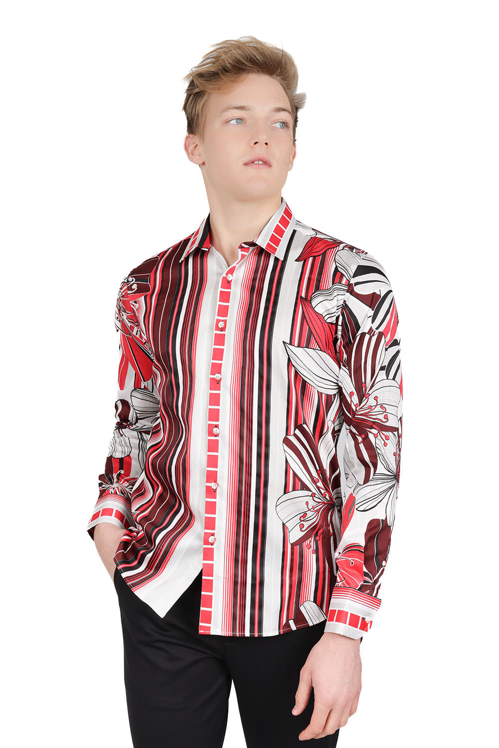 BARABAS Men's Vibrant Floral Print Button Down Long Sleeves Shirt SP08 Red