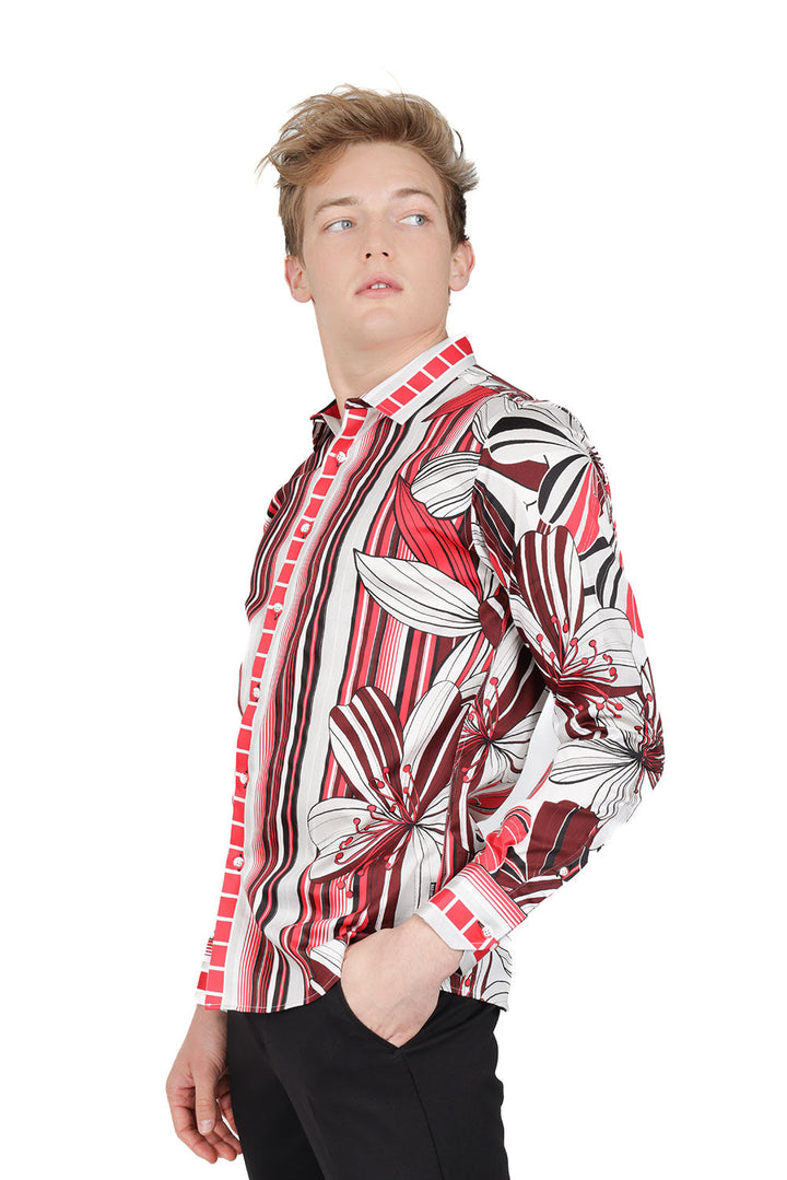 BARABAS Men's Vibrant Floral Printed Striped Long Sleeves Shirt SP08 Red