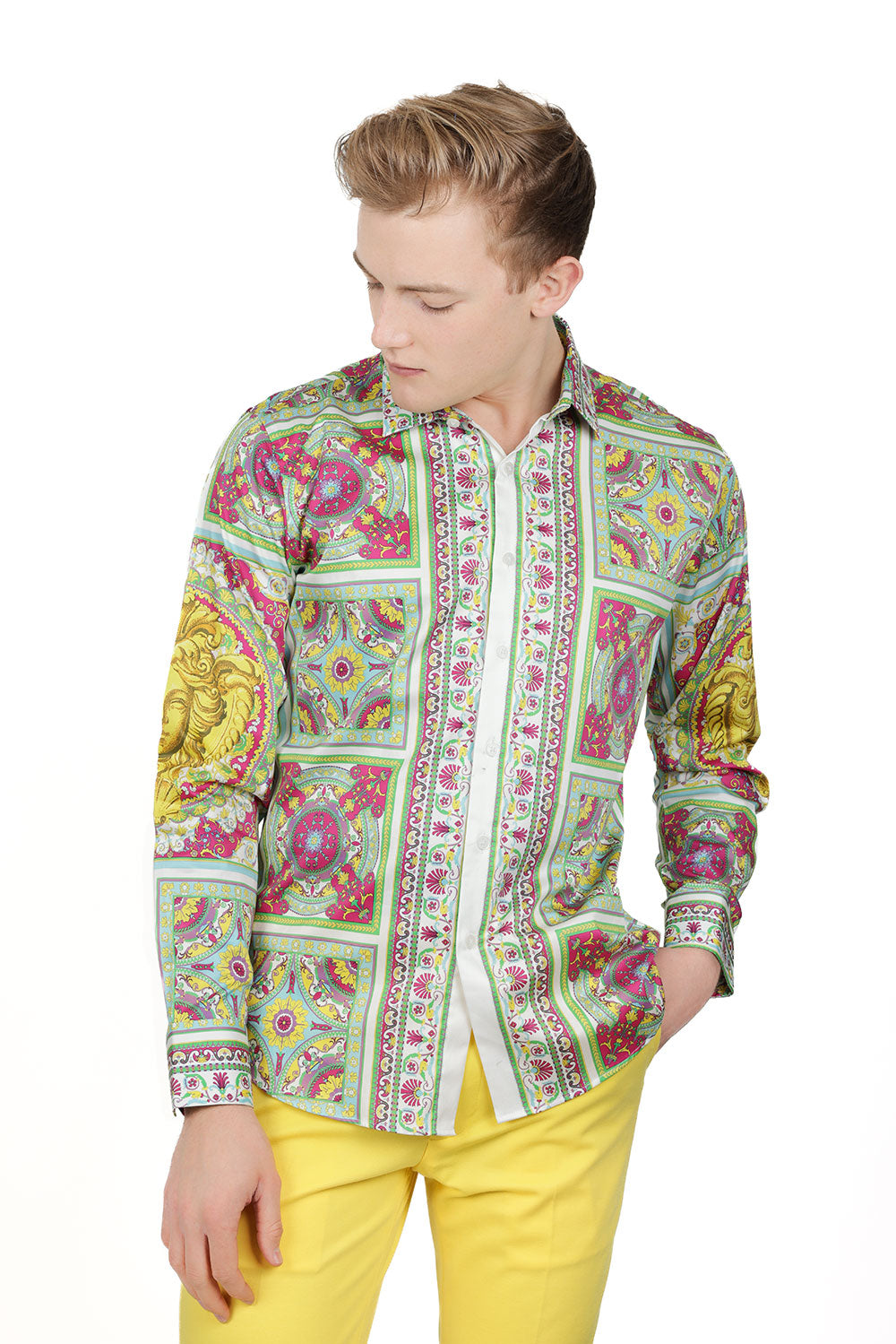 Barabas Men's Luxury Medusa Floral Baroque Button Down Shirt SP13