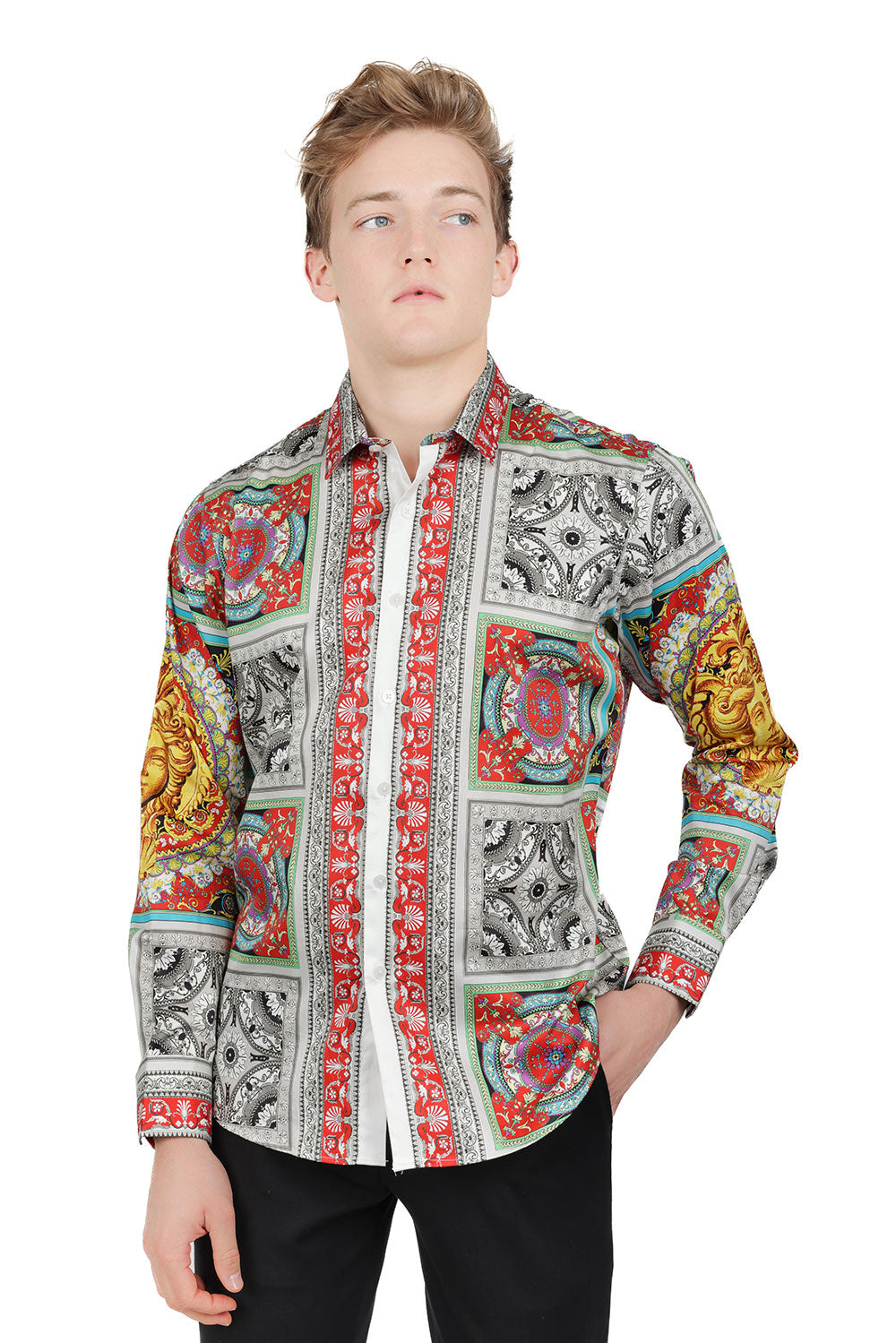 Barabas Men's Luxury Medusa Floral Baroque Button Down Shirt SP13 Red