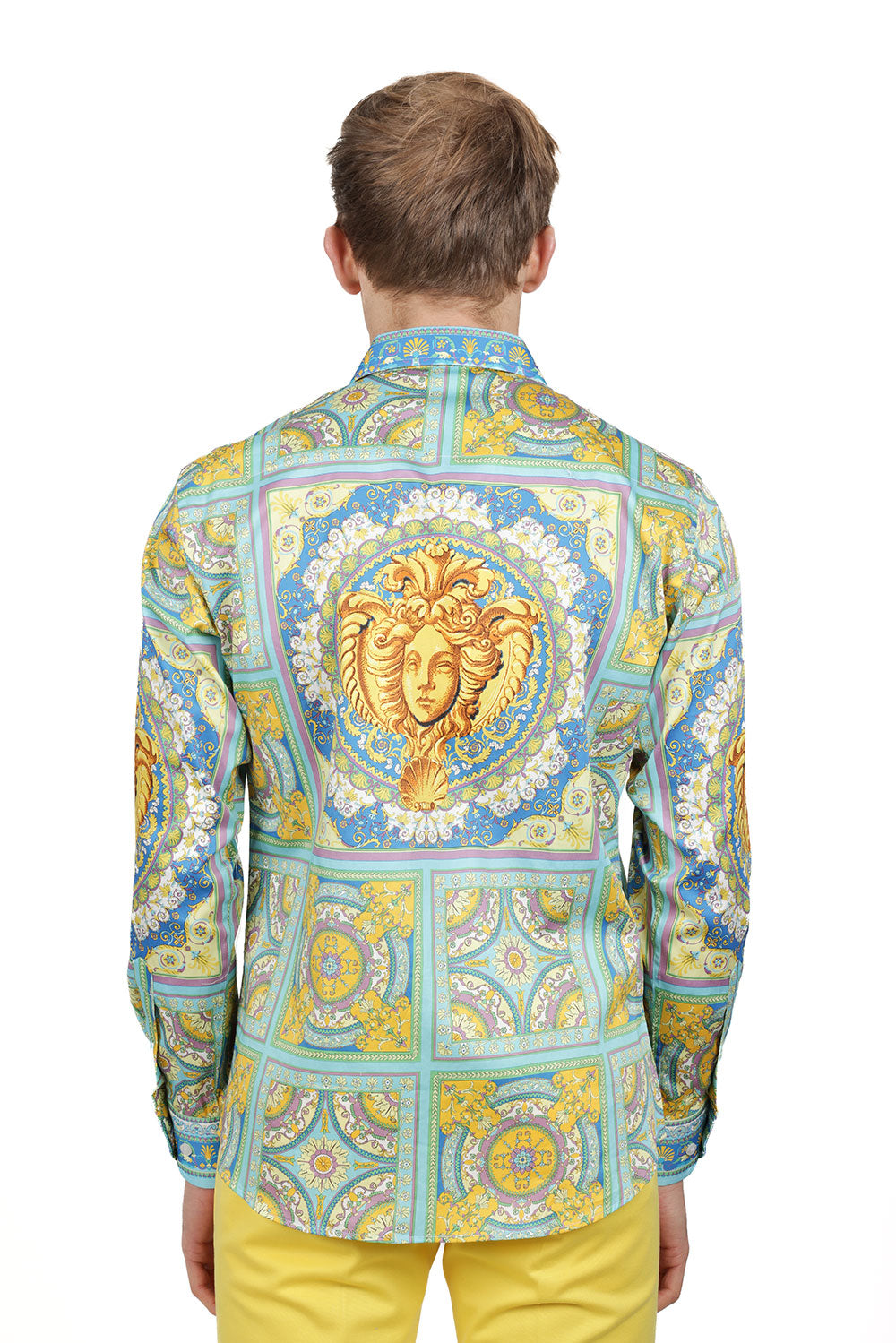 Barabas Men's Luxury Medusa Floral Baroque Button Down Shirt SP13 blue