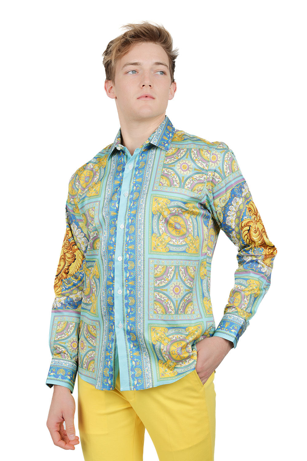 Barabas Men's Luxury Medusa Floral Baroque Button Down Shirt SP13 blue