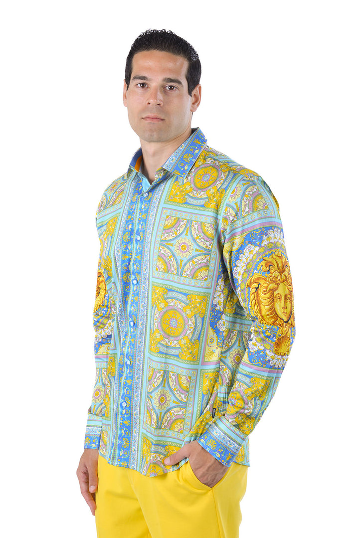 Barabas Men's Luxury Medusa Floral Baroque Button Down Shirt SP13 blue