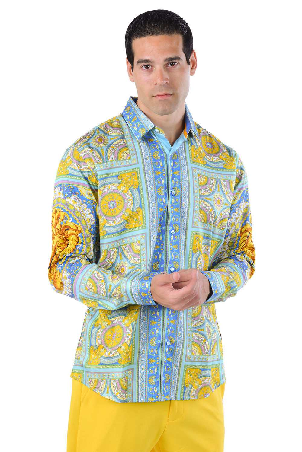 Barabas Men's Luxury Medusa Floral Baroque Button Down Shirt SP13 blue