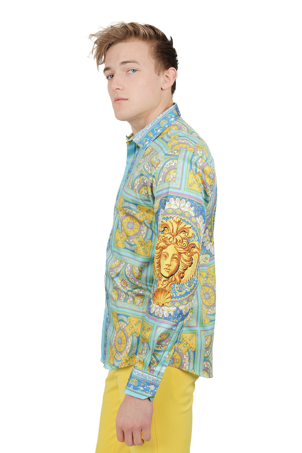 Barabas Men's Luxury Medusa Floral Baroque Button Down Shirt SP13 blue