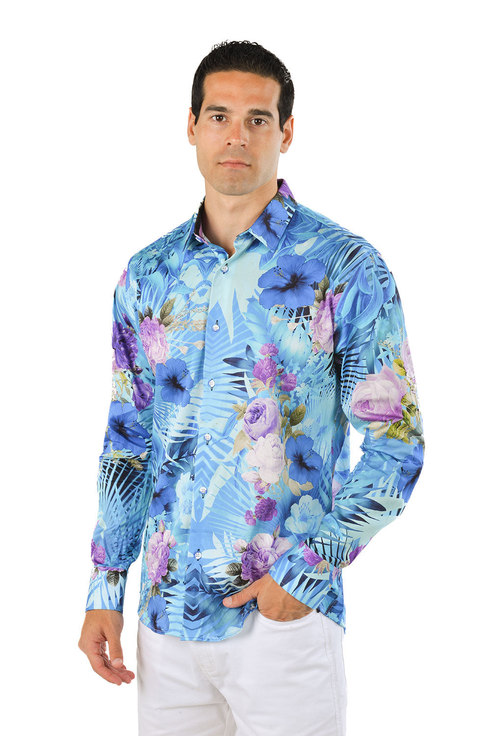 Barabas Men's Floral Print Design Luxury Button Down Shirt SP14 Blue